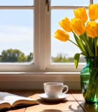 窗边花瓶中黄色郁金香与书咖啡12148#横屏 