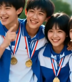 穿校服挂奖牌的学生合影3664#横屏 