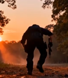 森林中持武器男子背影4598#横屏 