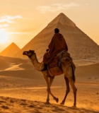 沙漠中骑骆驼近金字塔的场景6204#横屏 
