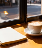 窗边木桌咖啡与笔记本场景4088#横屏 