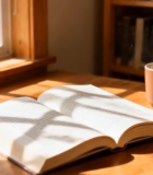 窗边木桌上翻开的书籍与咖啡杯4925#横屏 