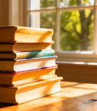 窗边木桌上堆叠的书籍10727#横屏 