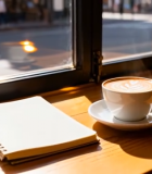 窗边木桌咖啡与笔记本场景4088#横屏 