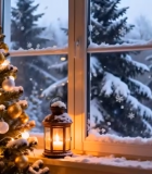 窗边装饰的圣诞树与雪景14130#横屏 