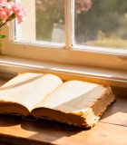 窗边木桌上翻开的书籍与鲜花2843#横屏 