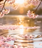 春日湖面飘落的樱花花瓣12062#横屏 