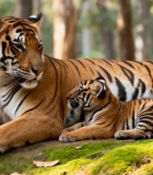 森林中母虎与幼虎休憩画面9189#横屏 