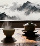 窗前木桌茶具与山景画面9066#横屏 