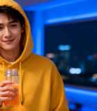 穿黄色连帽衫男子手持果汁13463#横屏 