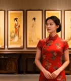穿旗袍女子于古画前站立5737#横屏 