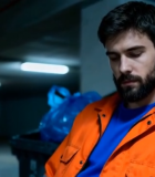 穿橙色工装男子倚靠在仓库6326#横屏 