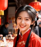 穿汉服女子于古街市场微笑10052#横屏 