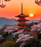 日落时樱花环绕的古建筑3206#横屏 