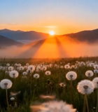 日落时分蒲公英花海风景4687#横屏 