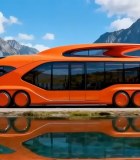 橙色新能源巴士停在山水间973#横屏 