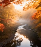 秋日溪边枫叶自然风光(1)5805#横屏 