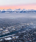 城市雪山日出航拍景象13283#横屏 
