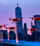 城市上空无人机编队飞行5119#横屏 