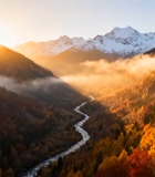 秋日山谷雪山河流风光7171#横屏 