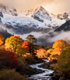 秋日雪山下森林溪流风景8790#横屏 