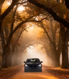 秋日森林中行驶的车辆7358#横屏 