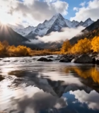 秋日雪山下的溪流自然风光11054#横屏 