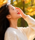 秋日树林中女子抬手赏景7666#横屏 