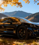 秋日山林中的黑色汽车1521#横屏 