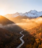 秋日山谷雪山河流风光7171#横屏 