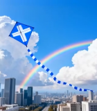 城市上空飞翔的蓝白风筝12587#横屏 