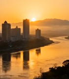 城市日出风光河流与古建筑10179#横屏 