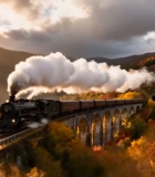 秋日火车行驶在山林铁路桥4243#横屏 