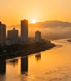 城市日出风光河流与古建筑10179#横屏 