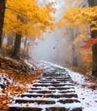 秋日森林覆雪石阶风景6283#横屏 