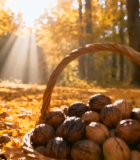 秋日林间篮子装核桃素材13913#横屏 