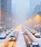 城市街道大雪天行车行人画面12760#横屏 