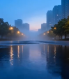 城市街道雨后清晨倒影景象2388#横屏 