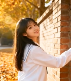 秋日女孩倚砖墙微笑3425#横屏 