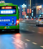 城市街道夜间行驶的公交车4250#横屏 