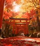 秋日红叶下的红色鸟居景观8539#横屏 