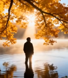 秋日湖畔人物逆光剪影3593#横屏 