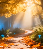 秋日森林阳光洒落小路素材1058#横屏 
