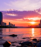 城市河畔日落风光11009#横屏 