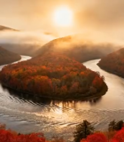 秋季山谷河流日出风景3923#横屏 