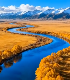 秋季旷野河流雪山航拍风景10507#横屏 