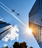 城市高楼间双飞机飞行画面8138#横屏 