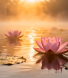 	 晨光下湖面绽放的粉色睡莲48#横屏 
