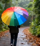 撑彩虹伞的人雨中漫步林间879#横屏 
