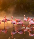 晨雾中湖泊边的火烈鸟群9724#横屏 